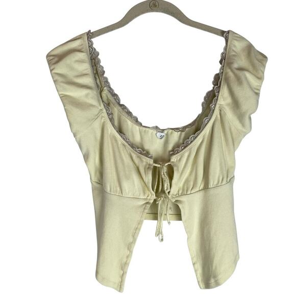 Garage Y2K pale yellow lace trim open tie front milk maid top size large - Picture 1 of 7